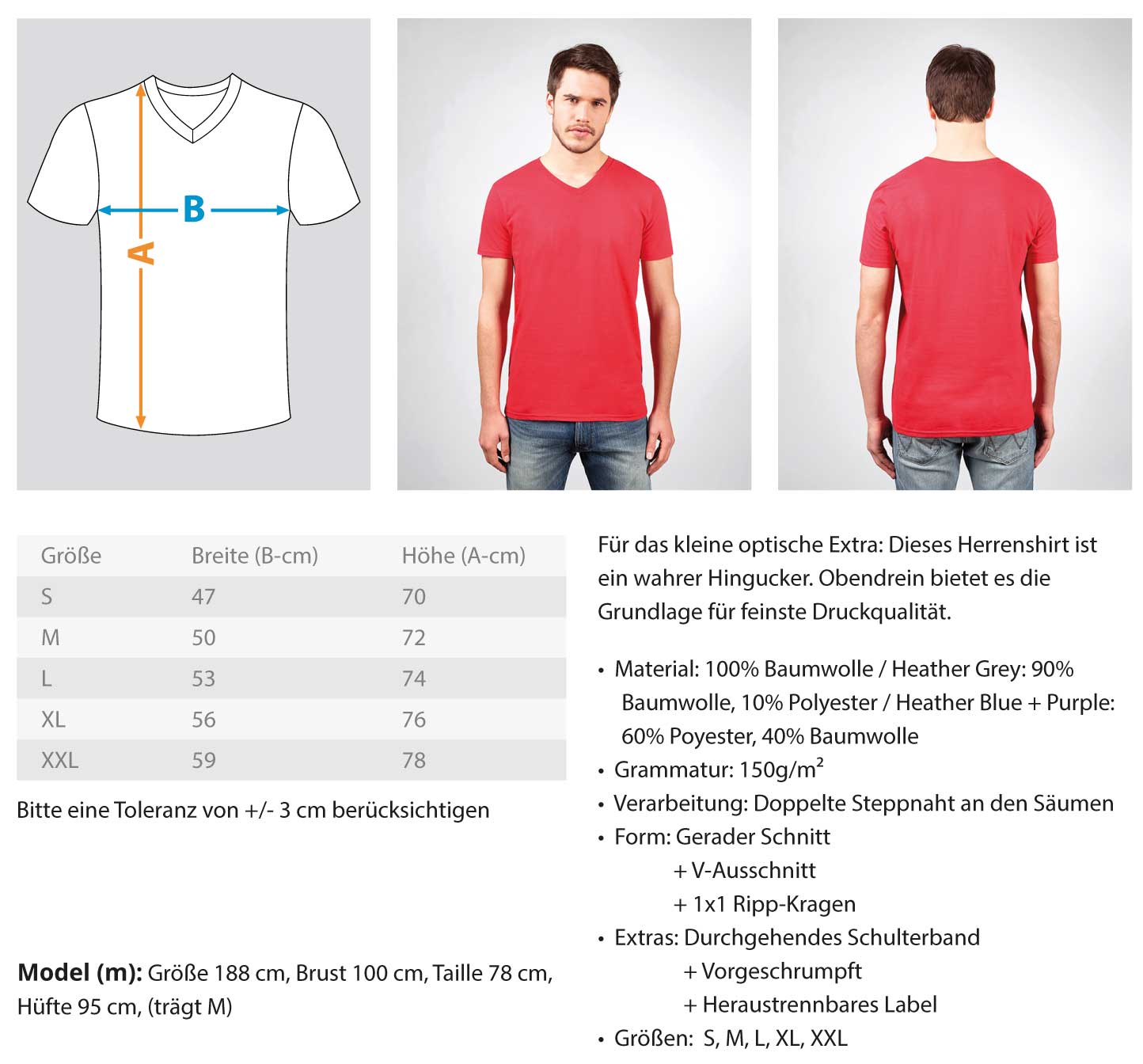 Herren V-Neck Shirt in Rot, 100% Baumwolle, vielseitig kombinierbar, Größen S bis XXL.