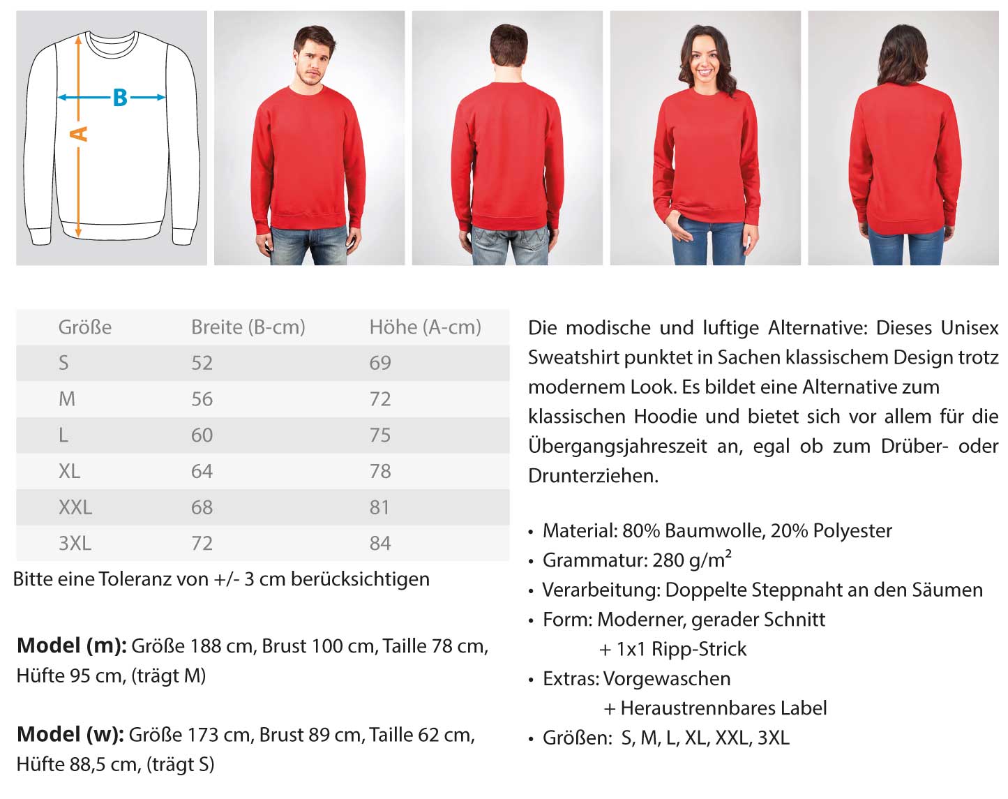 Red unisex sweatshirt with modern fit, 80% cotton and 20% polyester, available in multiple sizes.