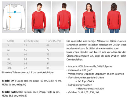 Red unisex sweatshirt with modern fit, 80% cotton and 20% polyester, available in multiple sizes.