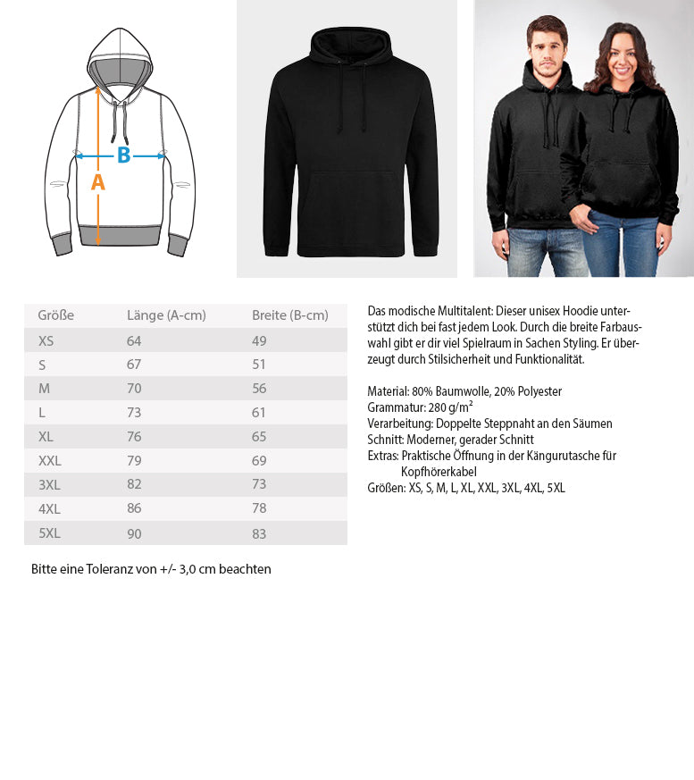 Unisex Kapuzenpullover Hoodie in verschiedenen Größen und Farben, aus 80% Baumwolle und 20% Polyester, mit Kordelzug und doppelter Steppnaht.