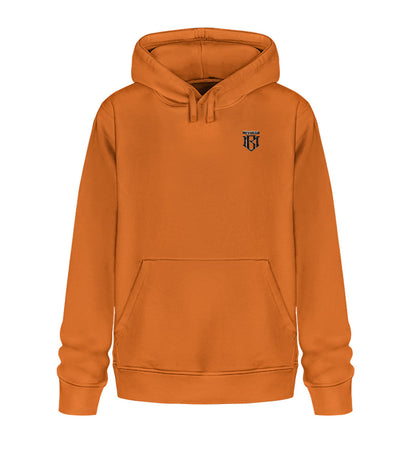 Unisex Drummer Hoodie 2.0 in orange with front pocket and embroidery design.