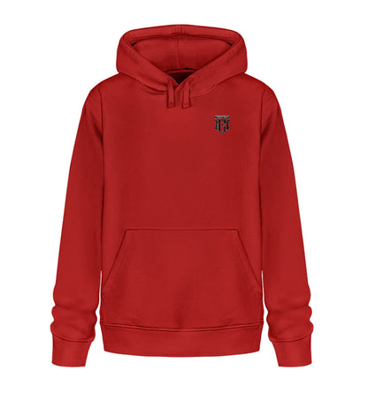 Unisex Organic Drummer Hoodie 2.0 in red with embroidered logo, made from 85% organic cotton and 15% recycled polyester.