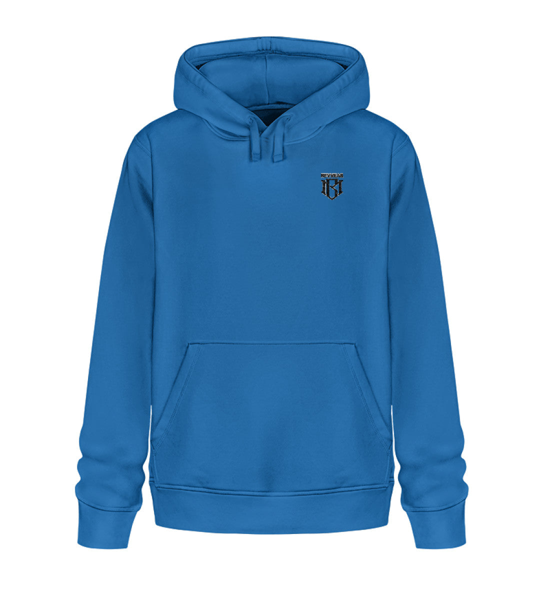 Unisex organic blue Drummer Hoodie 2.0 with embroidery, sustainable cotton, and recycled polyester.