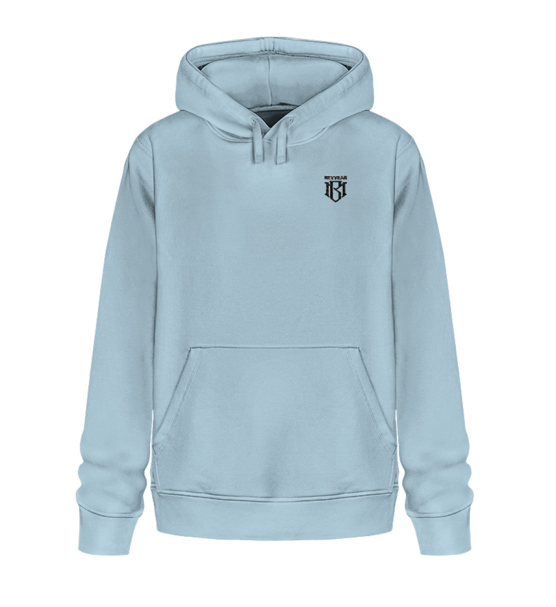 Unisex Drummer Hoodie 2.0, organic cotton and recycled polyester blend, light blue, embroidered logo.