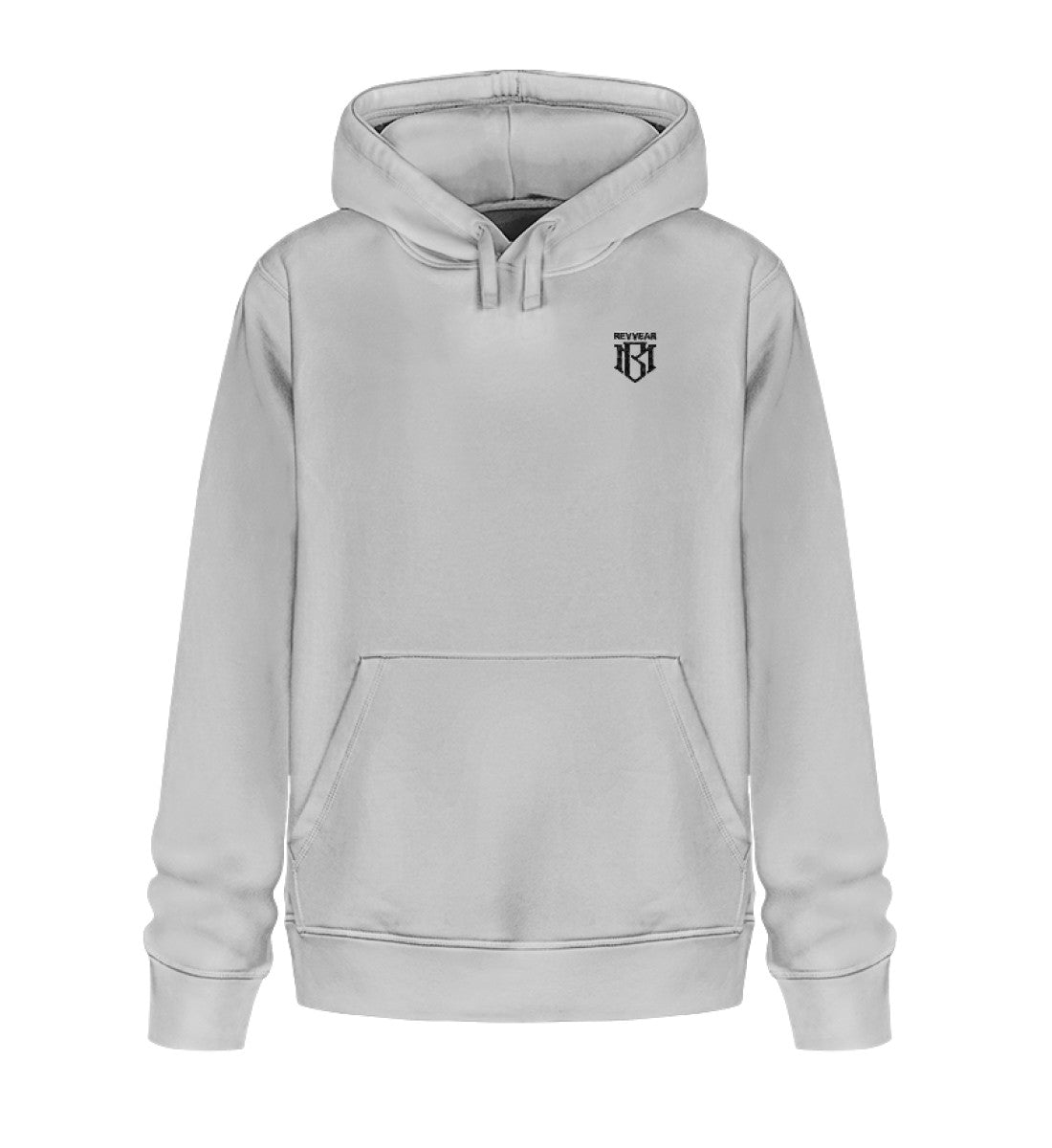 Unisex Organic Drummer Hoodie 2.0 in gray, eco-friendly with embroidered logo.