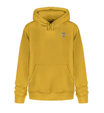 Unisex Organic Drummer Hoodie 2.0 in mustard yellow, eco-friendly with embroidered design.