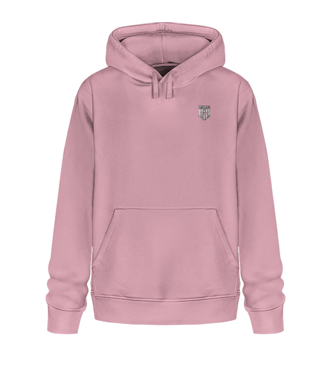 Unisex Organic Drummer Hoodie 2.0 in pink with embroidery, made from 85% organic cotton and 15% recycled polyester.