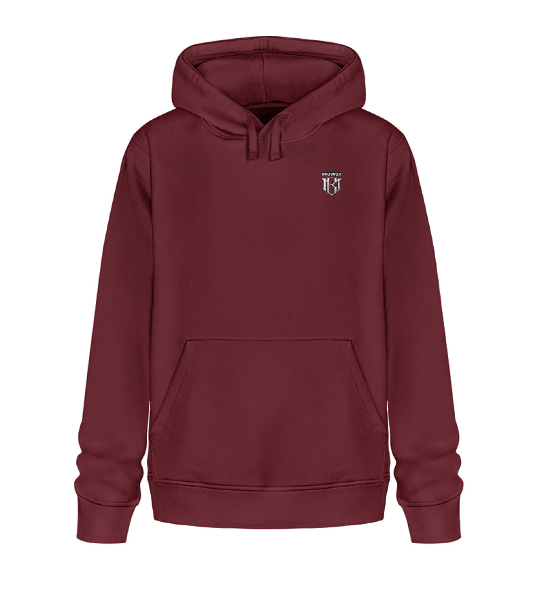 Unisex Organic Drummer Hoodie 2.0 in maroon with embroidered design.