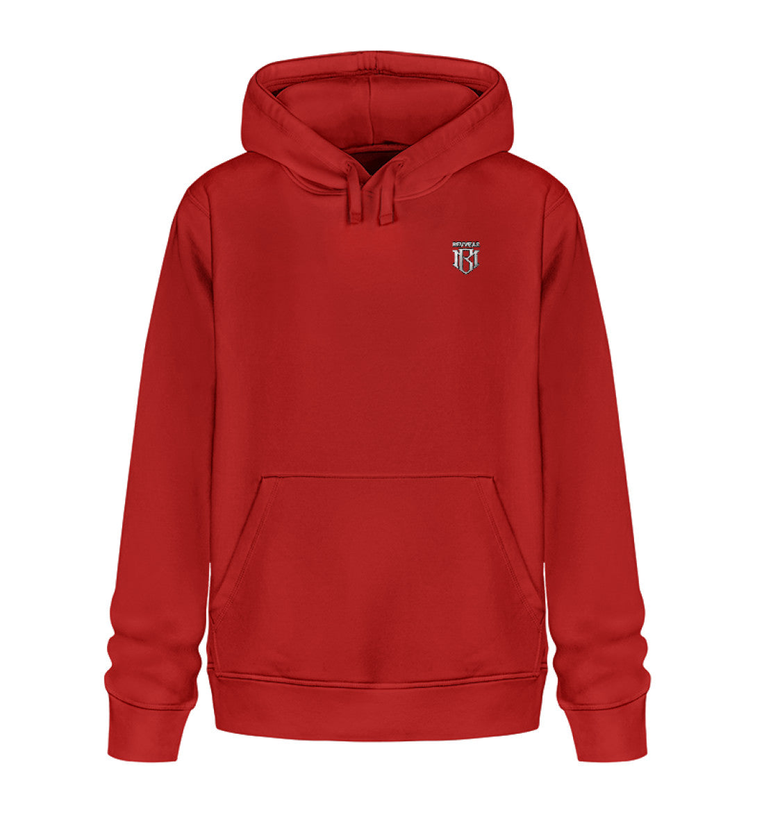 Unisex organic Drummer Hoodie 2.0 ST/ST in red with logo embroidery, featuring eco-friendly cotton, recycled polyester, and minimalist design.