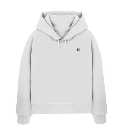 Womens Organic Boxcut Hoodie in light grey, made from 80% organic cotton and 20% recycled polyester with a small embroidered logo on the front.