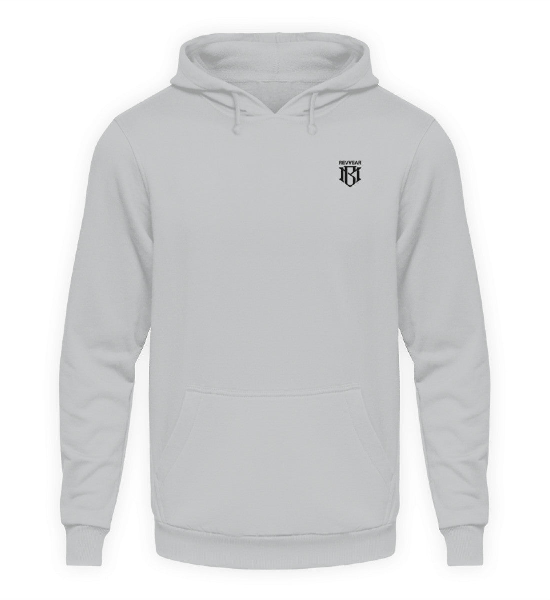 Unisex Hoodie in light gray, with drawstring hood and front pocket.