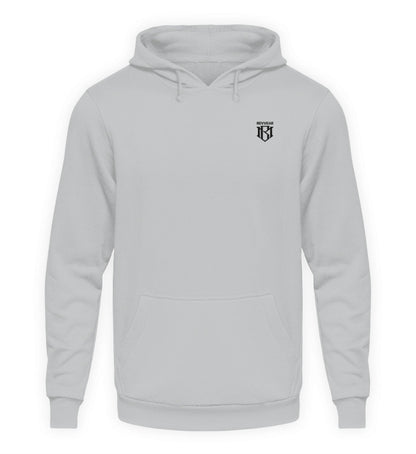 Unisex Hoodie in light gray, with drawstring hood and front pocket.