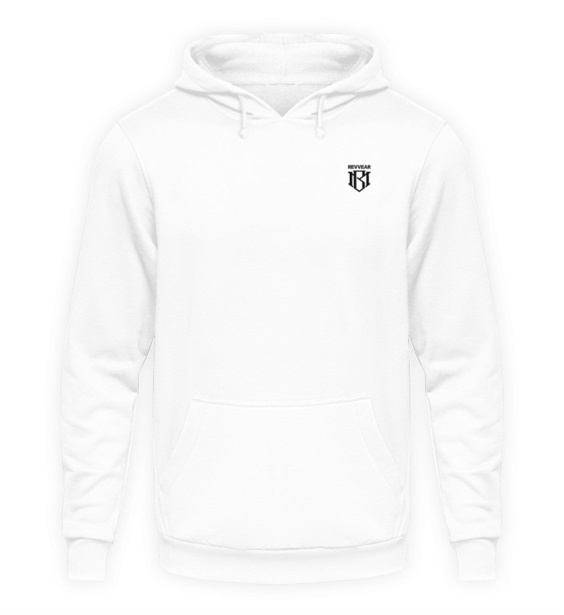 Unisex Hoodie in white with drawstring and front pocket, made of 80% cotton and 20% polyester.