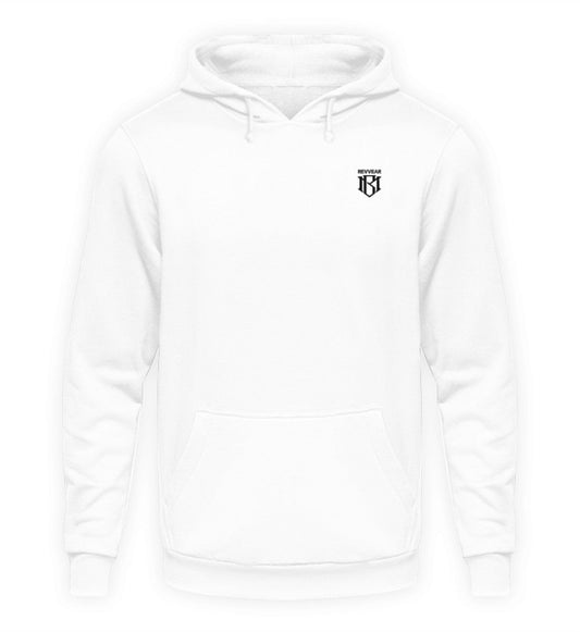 Unisex Hoodie in white with drawstring and front pocket, made of 80% cotton and 20% polyester.