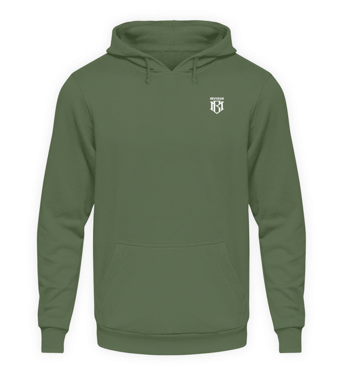 Unisex Hoodie in olive green color with drawstring hood and front pocket.