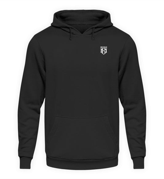 Unisex Hoodie in schwarz mit Kordelzug und Kapuze, 80% Baumwolle, 20% Polyester.