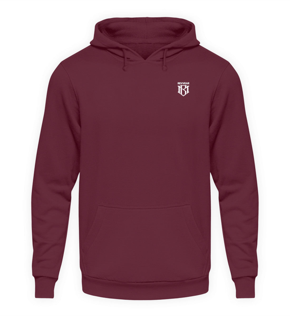 Unisex Hoodie in burgundy with drawstring hood and pocket.