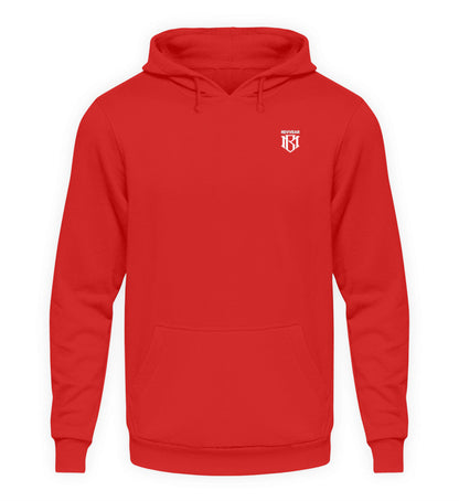 Roter Unisex Hoodie aus 80% Baumwolle und 20% Polyester mit Kapuze und Kordelzug.