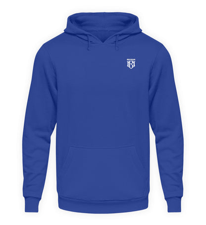 Unisex Kapuzenpullover Hoodie aus Baumwolle und Polyester in Blau mit Kordelzug und geradem Schnitt.