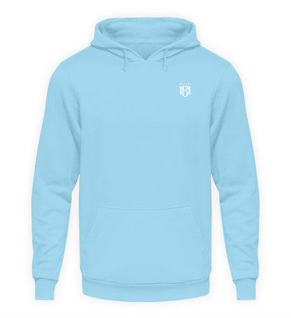 Unisex Kapuzenpullover Hoodie in Hellblau mit Kordelzug, aus 80% Baumwolle und 20% Polyester.