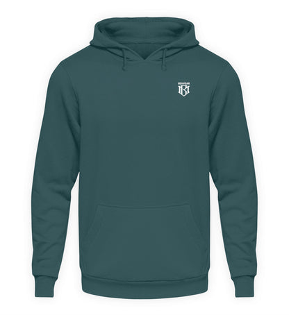 Unisex Hoodie in teal with drawstring hood, made of 80% cotton and 20% polyester.