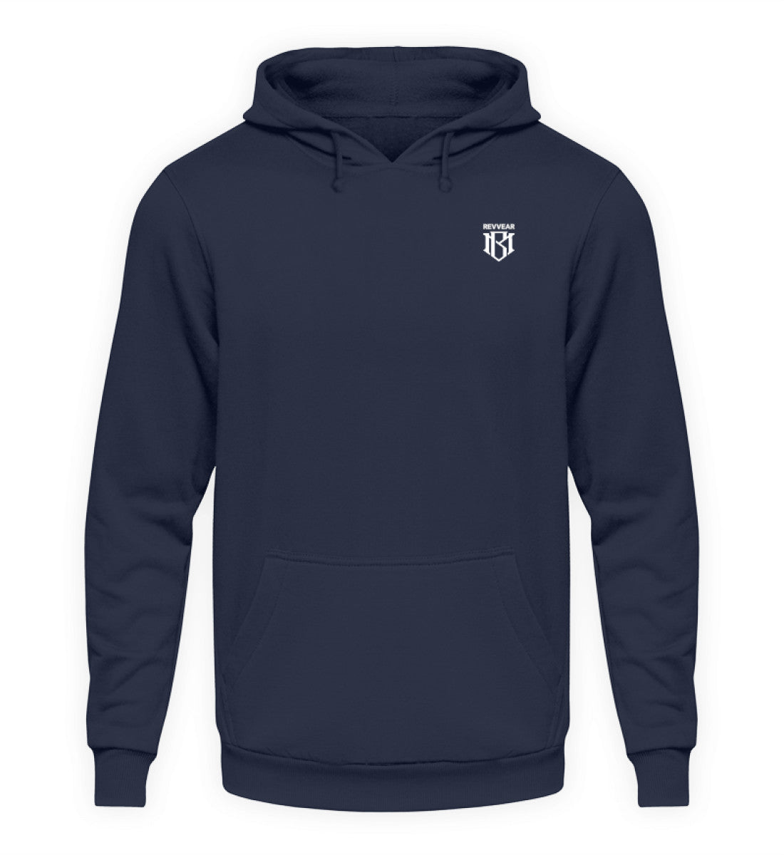 Unisex Hoodie in navy blue, 80% cotton, 20% polyester, with drawstring hood and durable fabric.