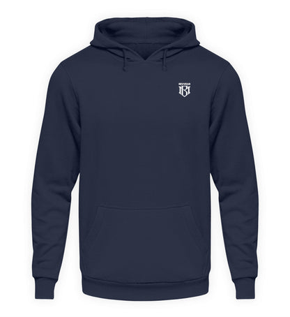 Unisex Hoodie in navy blue, 80% cotton, 20% polyester, with drawstring hood and durable fabric.