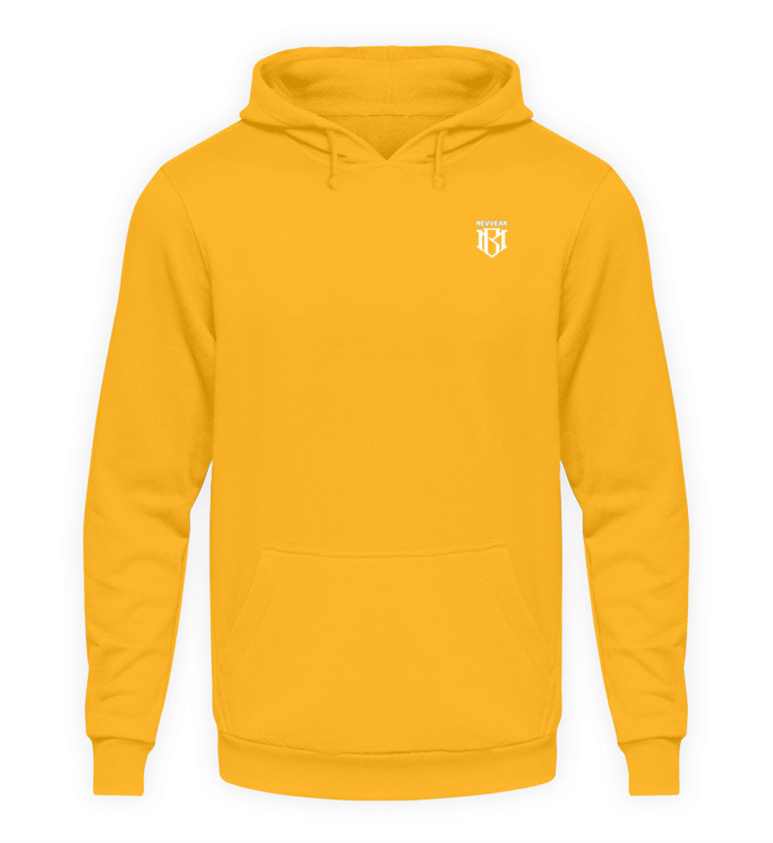 Unisex Hoodie in vibrant yellow with drawstring and kangaroo pocket, featuring durable fabric blend of 80% cotton and 20% polyester.