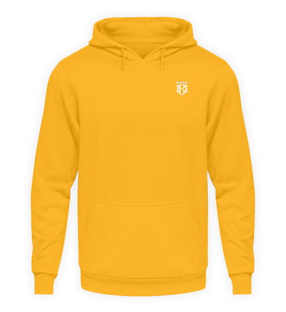 Unisex Hoodie in vibrant yellow with drawstring and kangaroo pocket, featuring durable fabric blend of 80% cotton and 20% polyester.