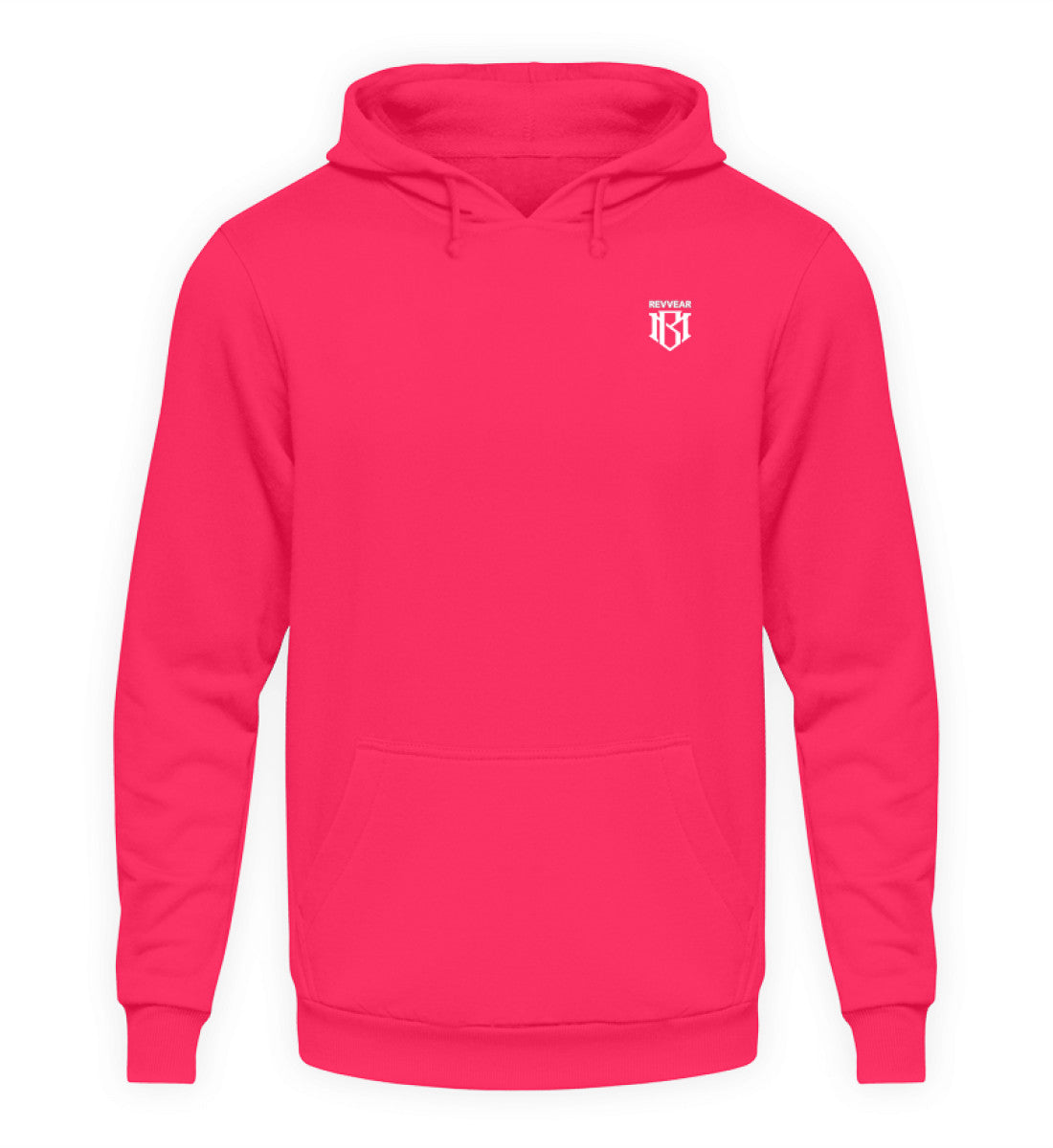 Unisex Hoodie in vibrant pink with drawstring hood and front pocket.