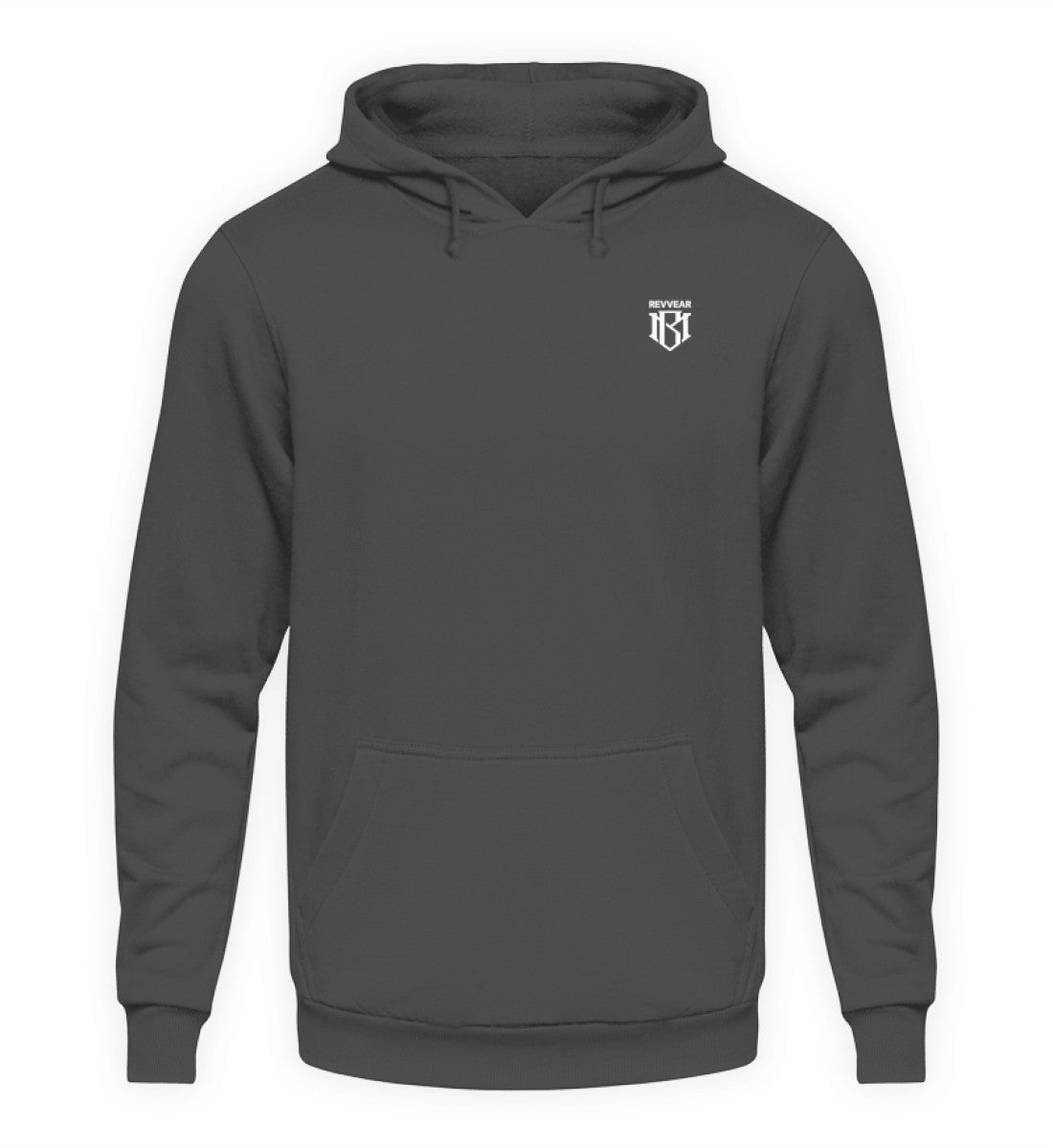 Unisex Hoodie in dark gray with drawstring hood, cozy cotton blend fabric, and durable stitching.