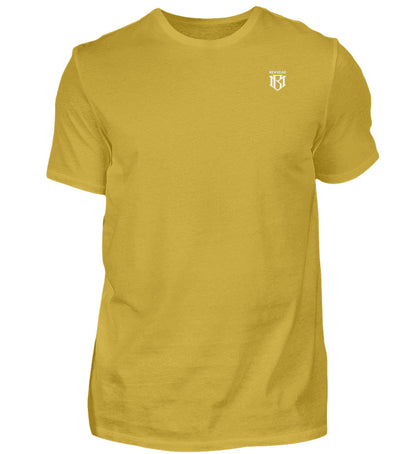 Yellow Herren Premium Shirt with round neckline, made from 100% combed cotton, durable fabric quality, available in multiple sizes.