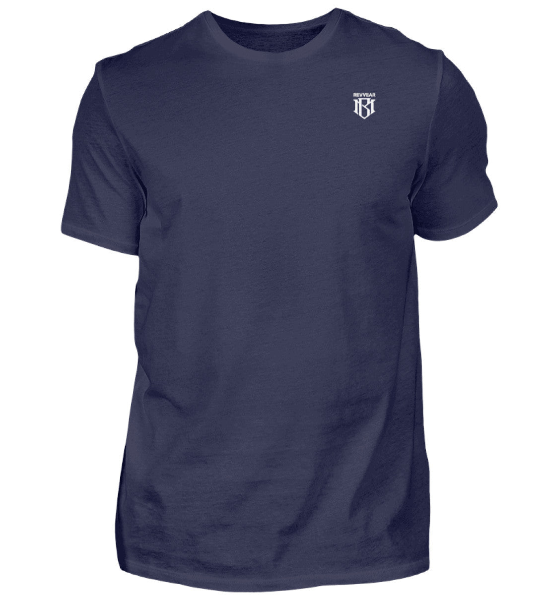 Herren Premium Shirt in navy blue with round neckline, 100% cotton, available in various sizes.